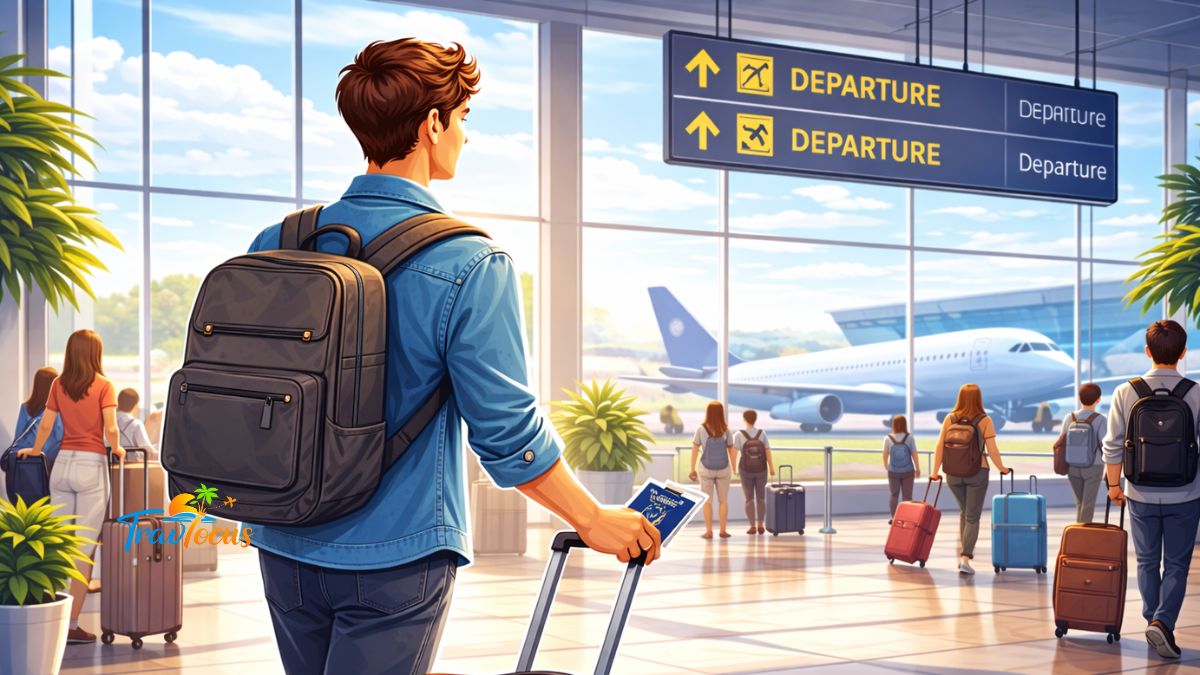 ఎయిర్‌పోర్ట్ లో సూట్‌కేస్‌తో నిలబడి ఉన్న ప్రయాణికుడు