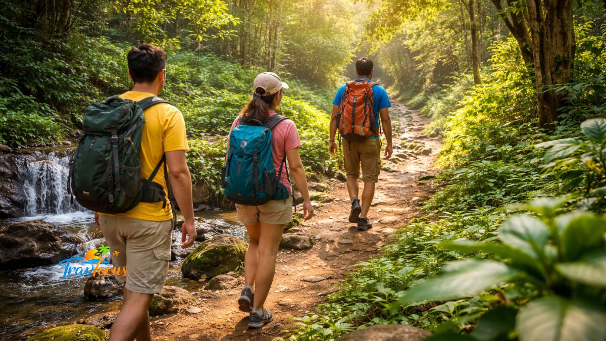 అనంతగిరి కొండల్లో ట్రెక్కింగ్ చేస్తూ నడుస్తున్న యువ ప్రయాణికులు