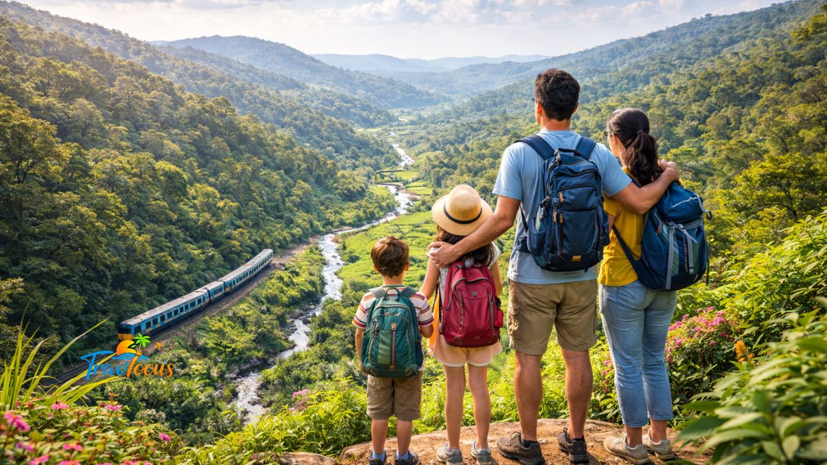 అరకు వ్యాలీ లో పచ్చని కొండల మధ్య నిలబడి ఉన్న కుటుంబం