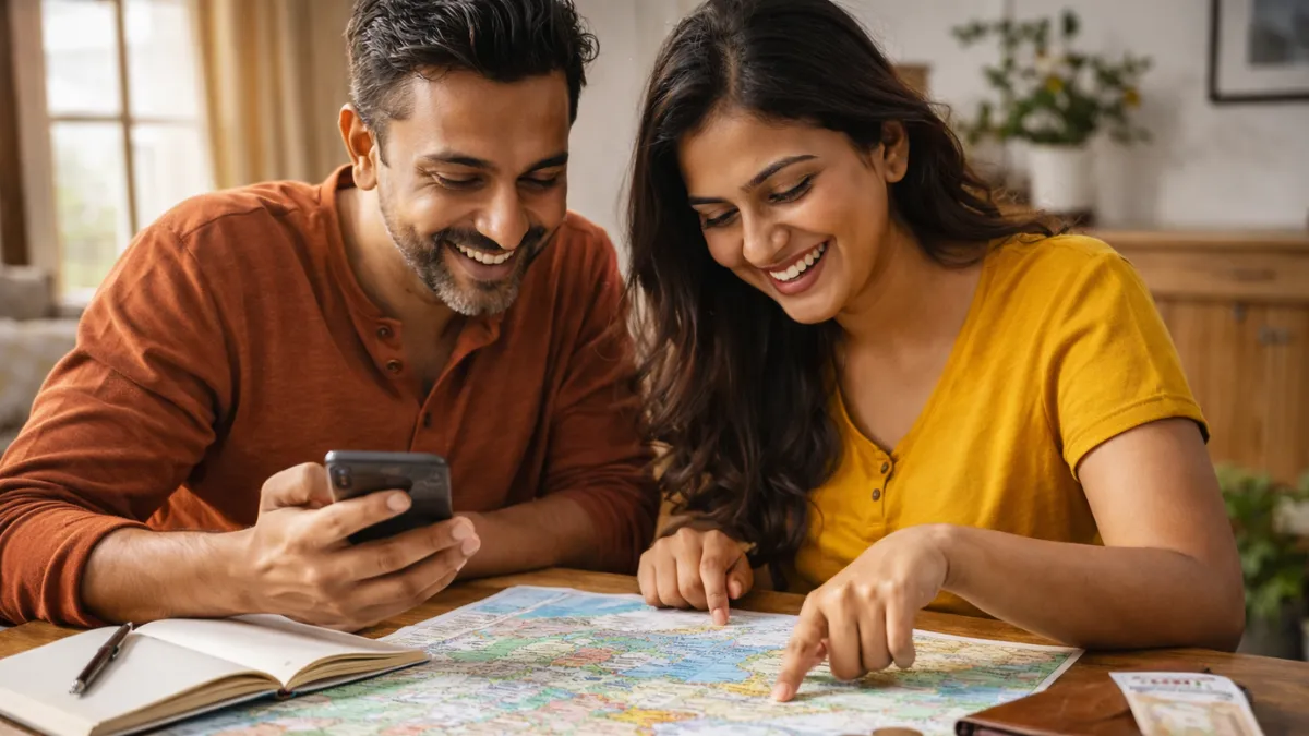 Young couple planning a budget trip using a map and mobile phone