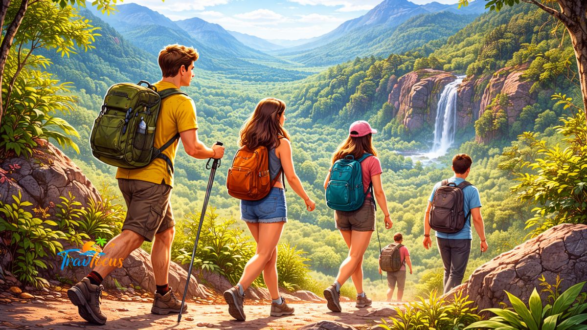 పర్వత ప్రాంతంలో ట్రెక్కింగ్ చేస్తూ నడుస్తున్న యువ ప్రయాణికులు
