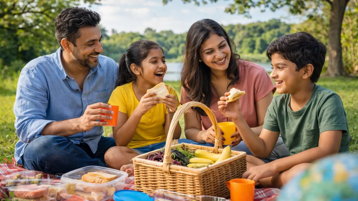 Family enjoying a picnic near Hyderabad in a green outdoor location
