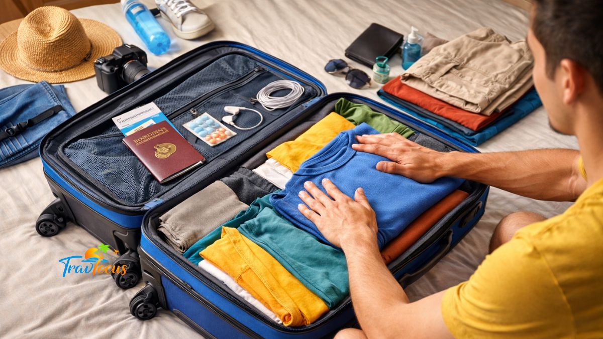 ట్రావెల్ బ్యాగ్ ప్యాక్ చేస్తున్న యువ ప్రయాణికుడు