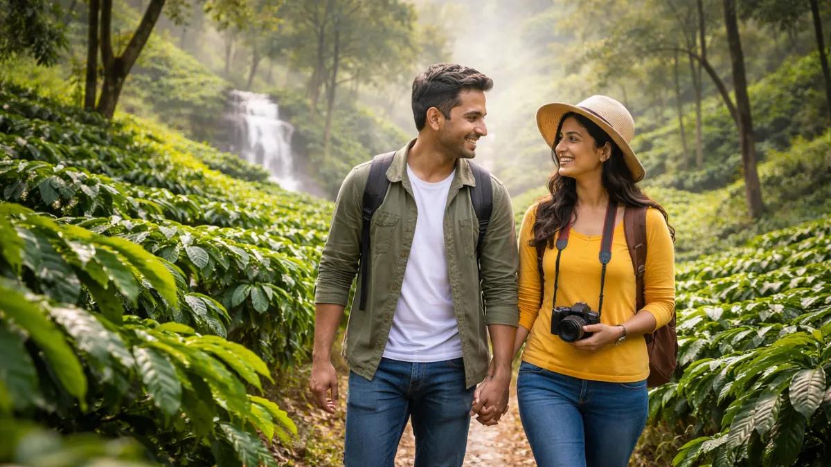Couple walking through coffee plantations in Coorg