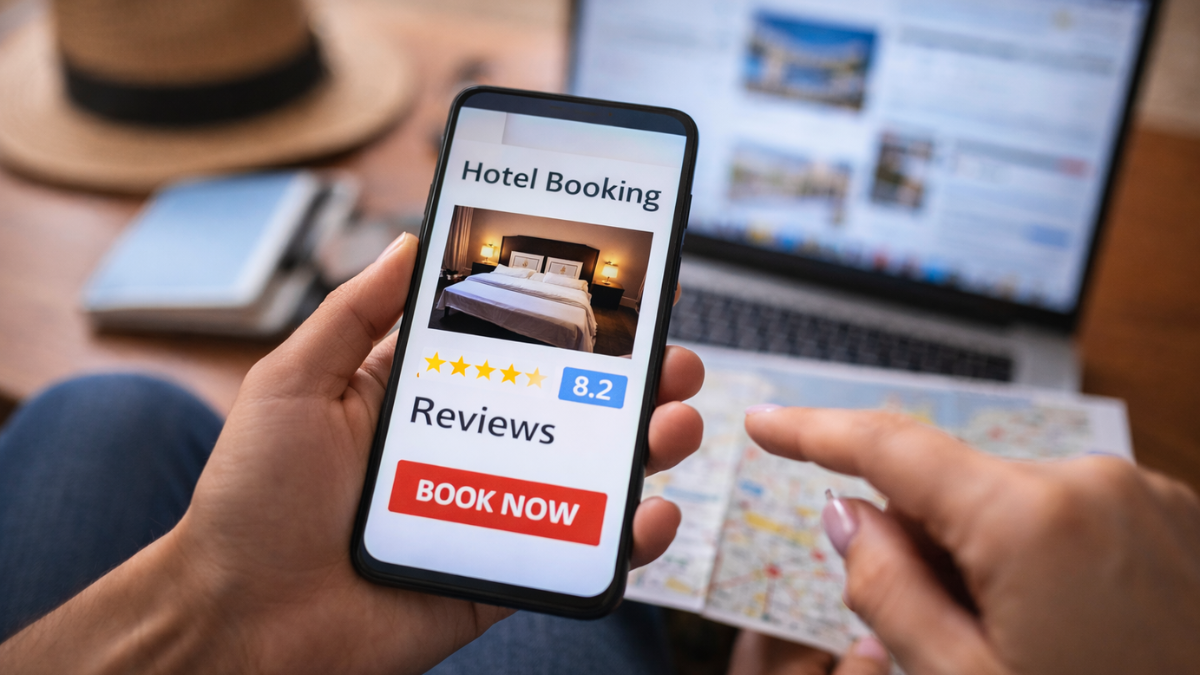 Travelers checking hotel booking details on a mobile phone