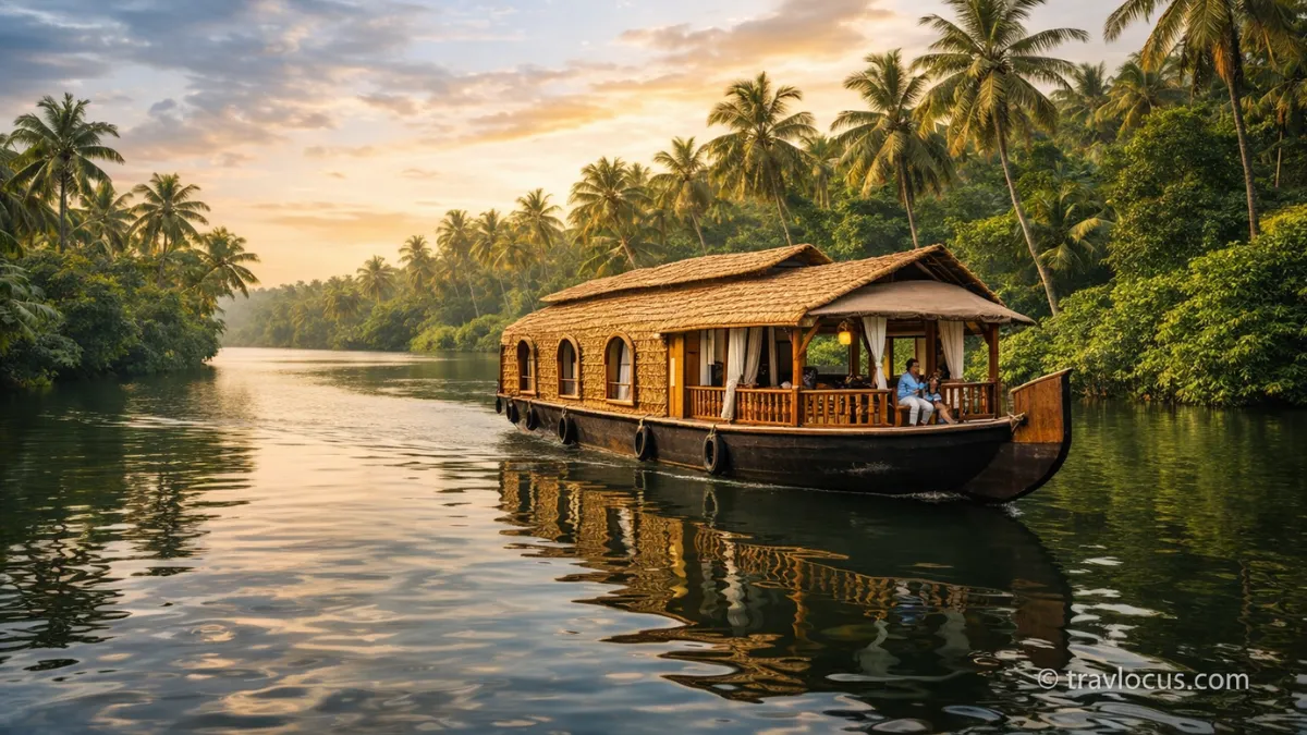 Houseboat cruising through Kerala backwaters surrounded by palm trees