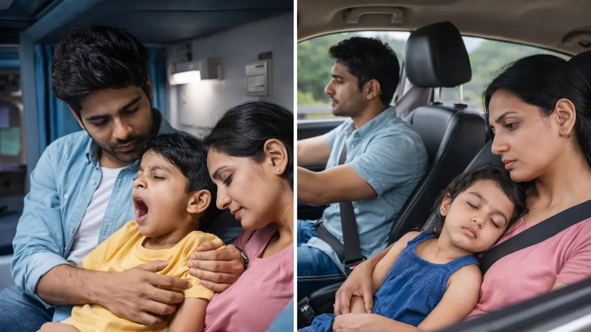 Parents traveling with children during a long journey by train or car