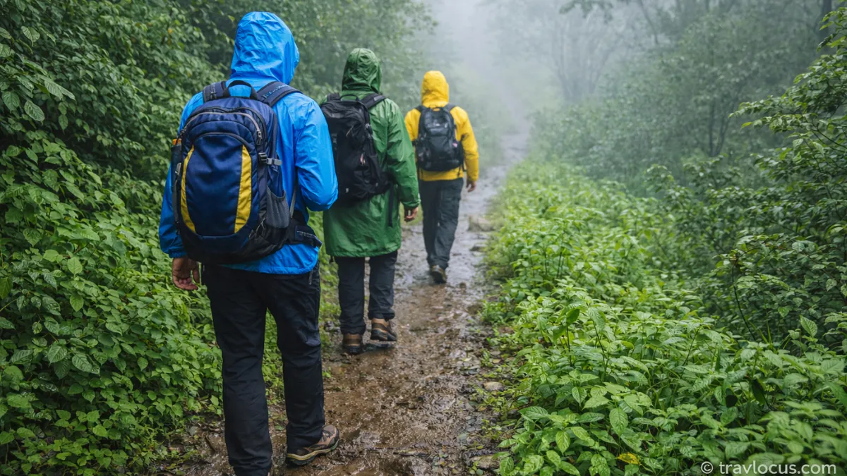 People trekking on a green forest trail during monsoon season