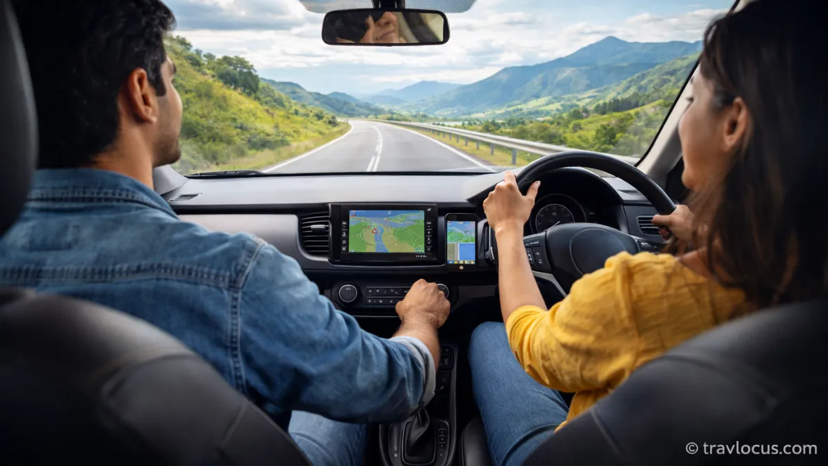 Couple driving a car on a scenic highway during a road trip