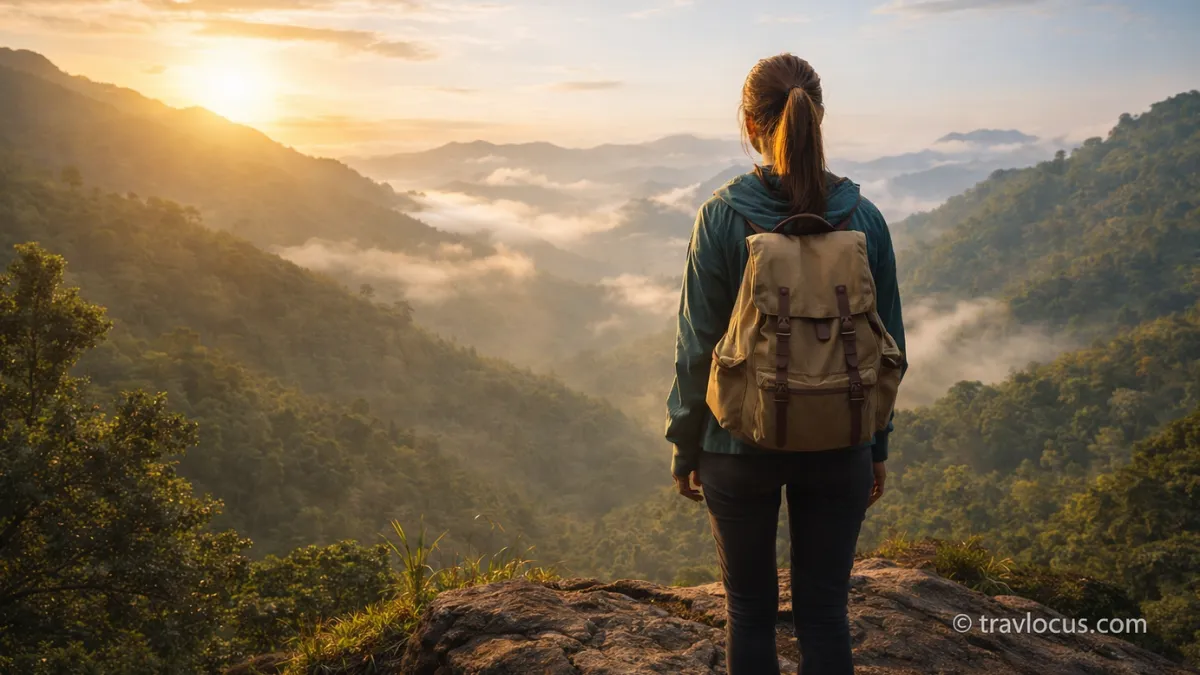Person standing alone at a scenic travel destination feeling calm and confident