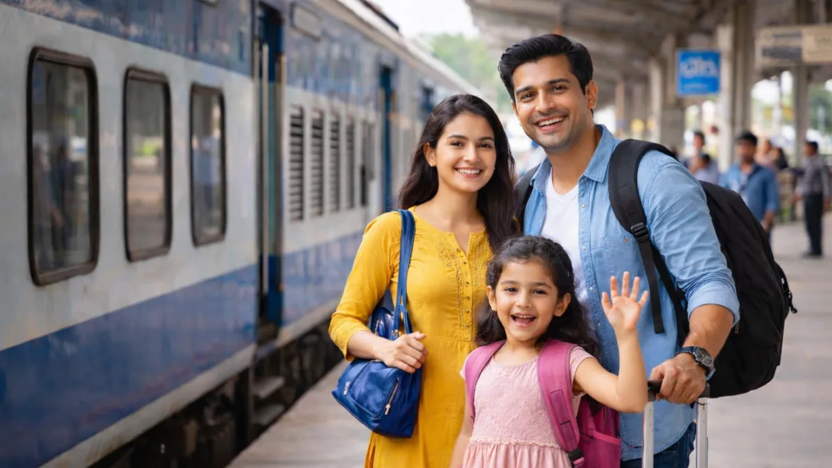 Indian family waiting on a railway platform ready for train journey