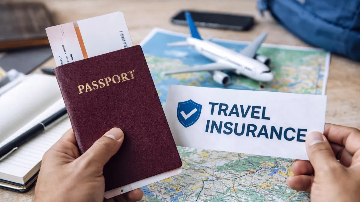 Traveler holding passport and documents while planning a safe trip