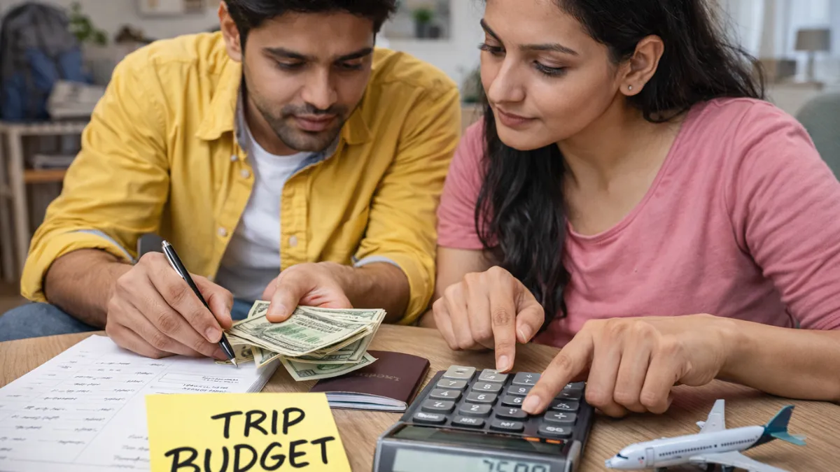 Travelers planning a trip budget and counting money at home